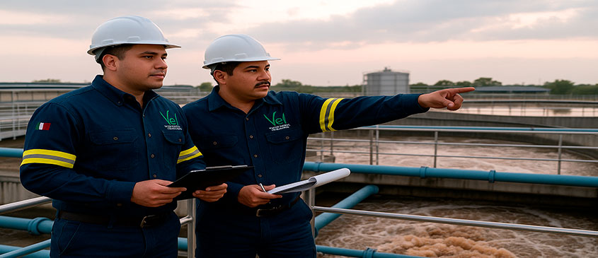operarios de ptar realizando chequeos en la planta tratadora de aguas residuales